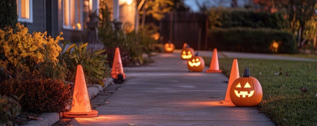 glowing halloween safety: well lit suburban street with jack o' lanterns and safety cones guiding path