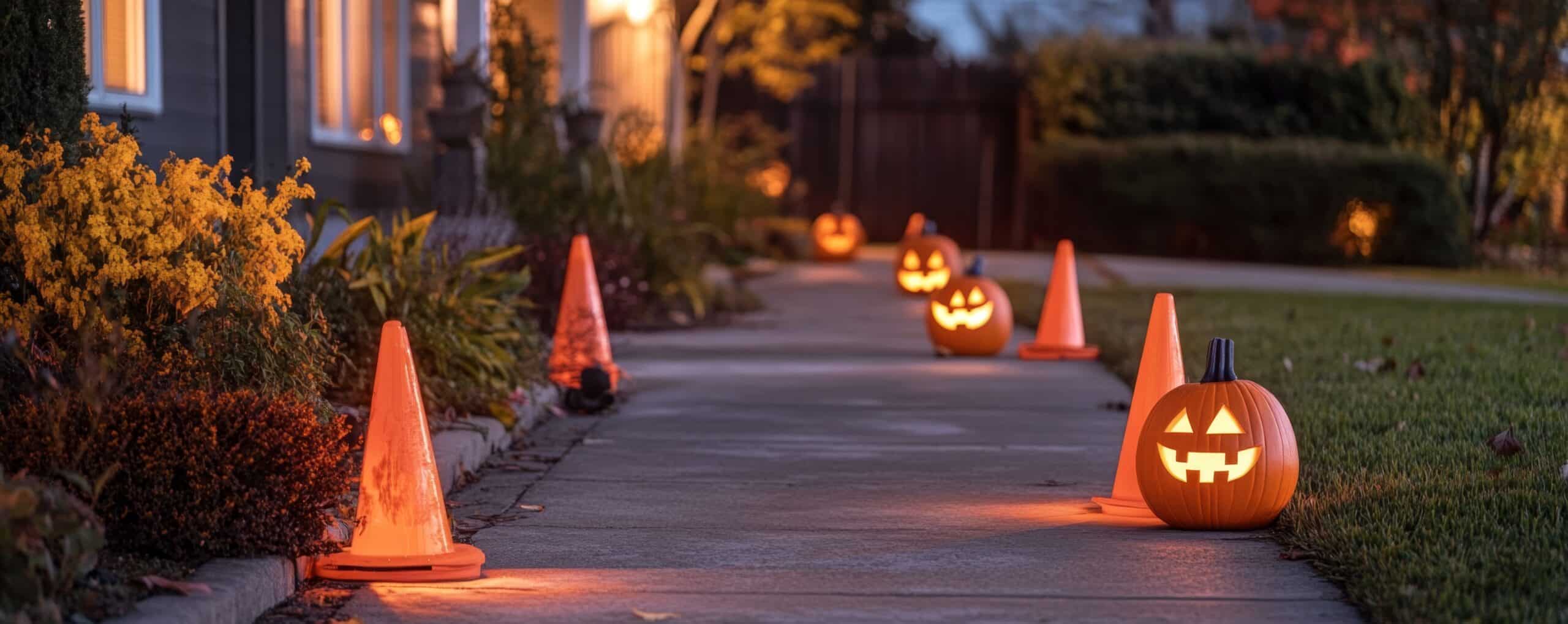 glowing halloween safety: well lit suburban street with jack o' lanterns and safety cones guiding path