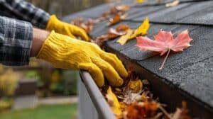 Homeowner cleaning gutters during fall with autumn leaves
